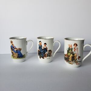 Vintage 1982 Norman Rockwell Museum Coffee Mug Set 3 Porcelain Gold Trim